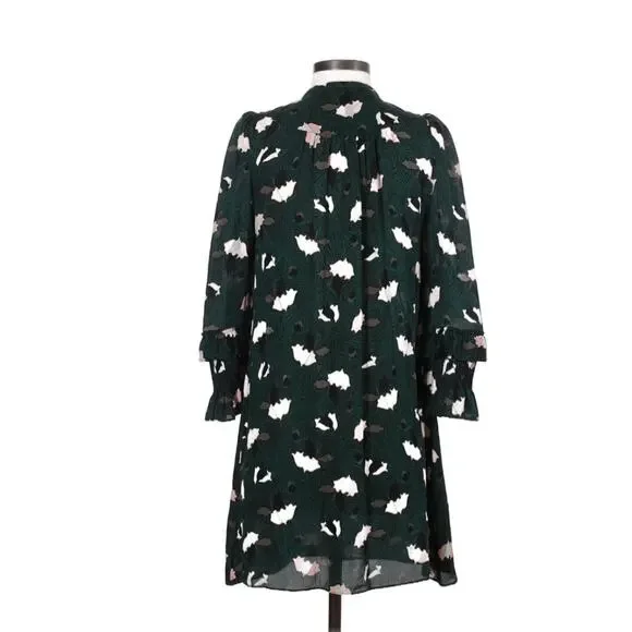 Derek Lam 10 Crosby Green Scribble Print Ruffle Sleeve Dress 100% Silk Flowy